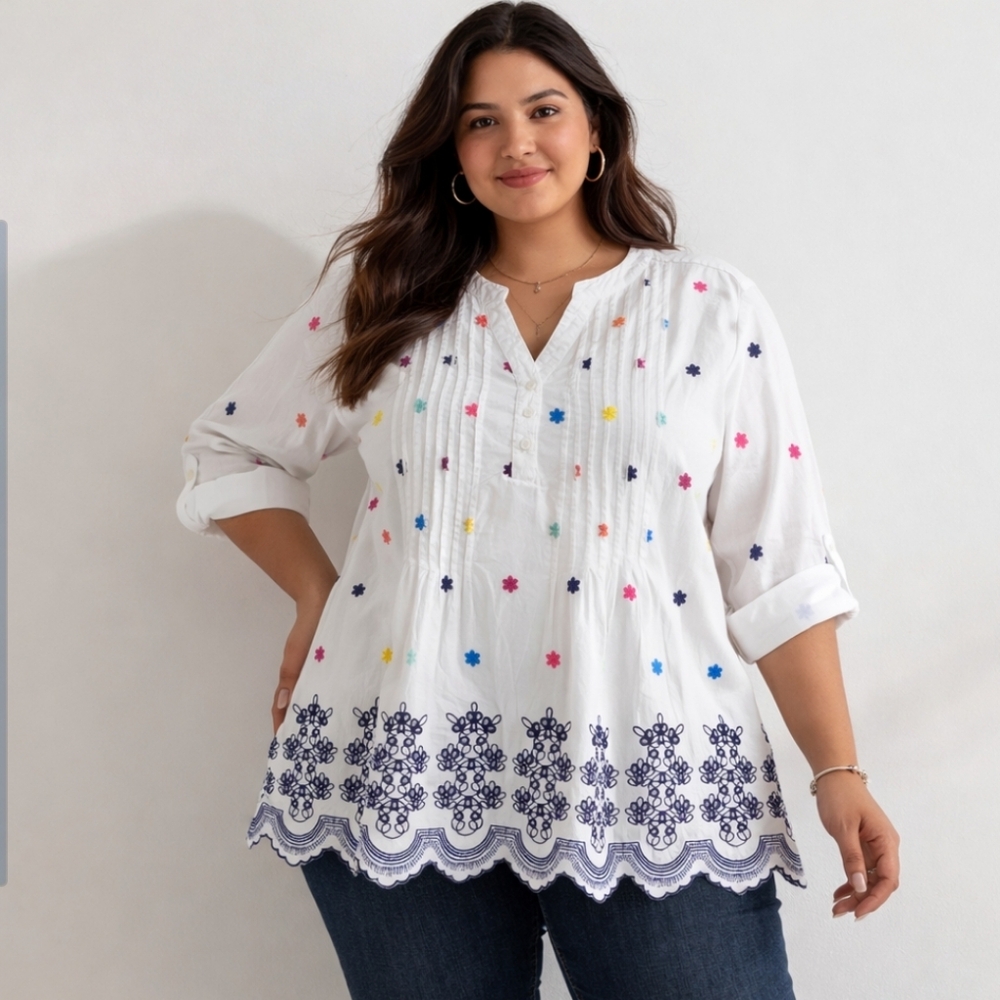 American Sweetheart Embroidered Boho Blouse White Multicolor Floral Eyelet Hem